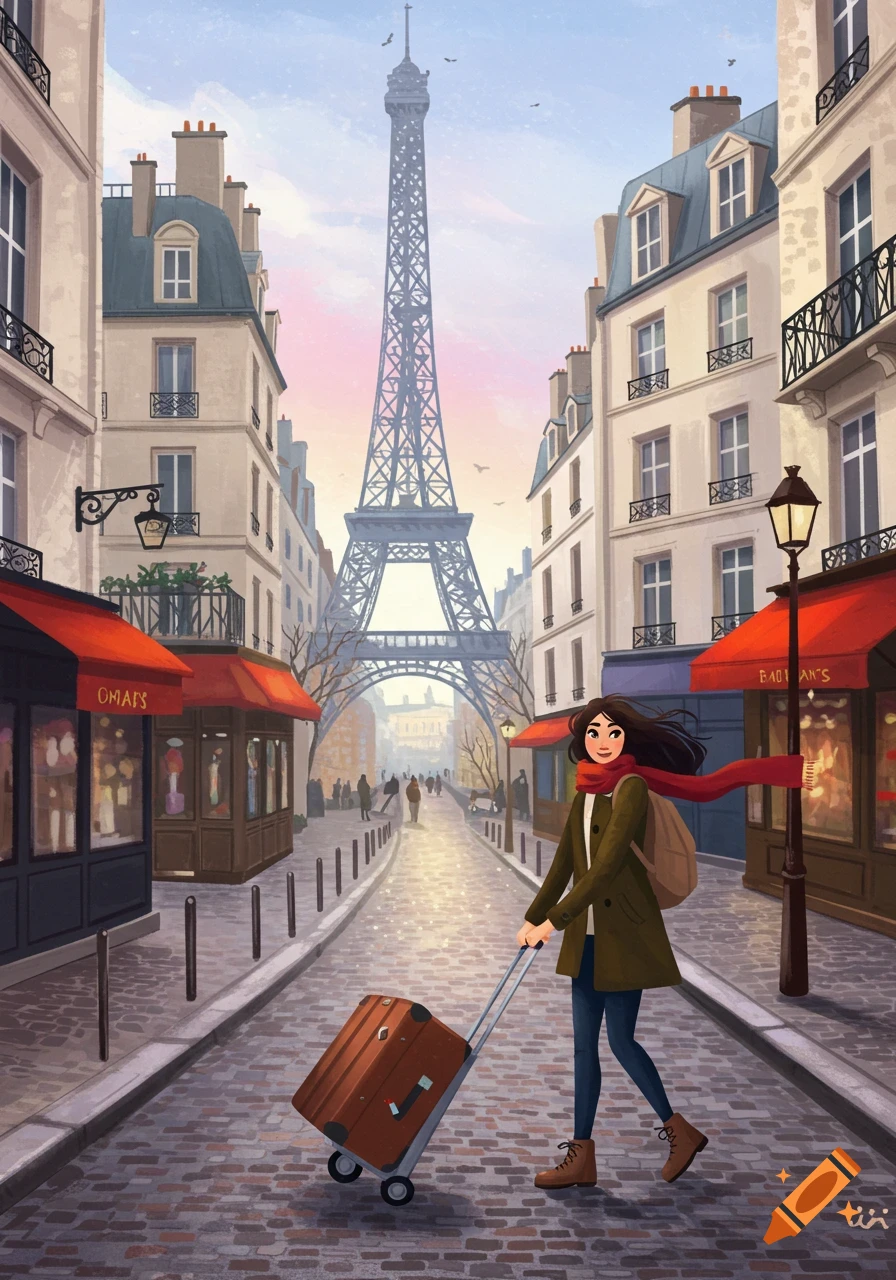 An illustration of a woman pulling a suitcase down a cobblestone street towards the Eiffel Tower in Paris.