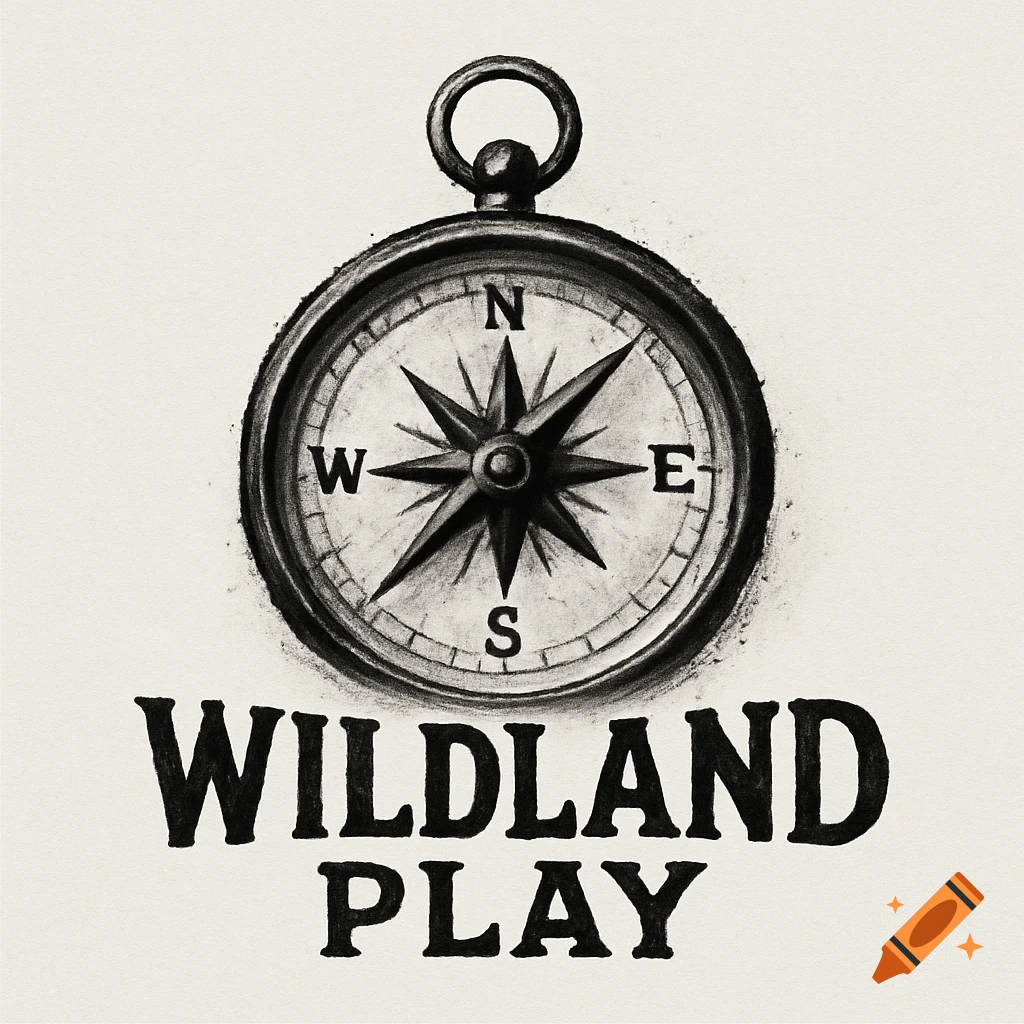 A black and white drawing of a compass above the words "WILDLAND PLAY".