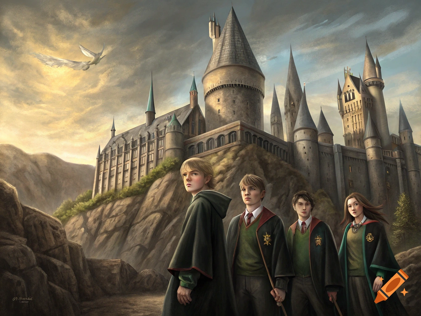 Hogwarts castle looms in the background as students in robes stand in the foreground. A creature flies overhead.