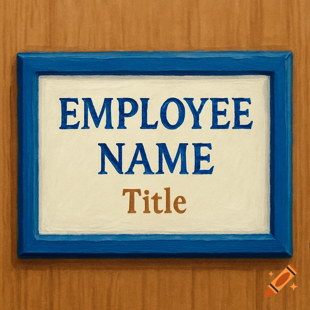 Door name plate with 'Employee Name' in blue and 'Title' in brown on wood.