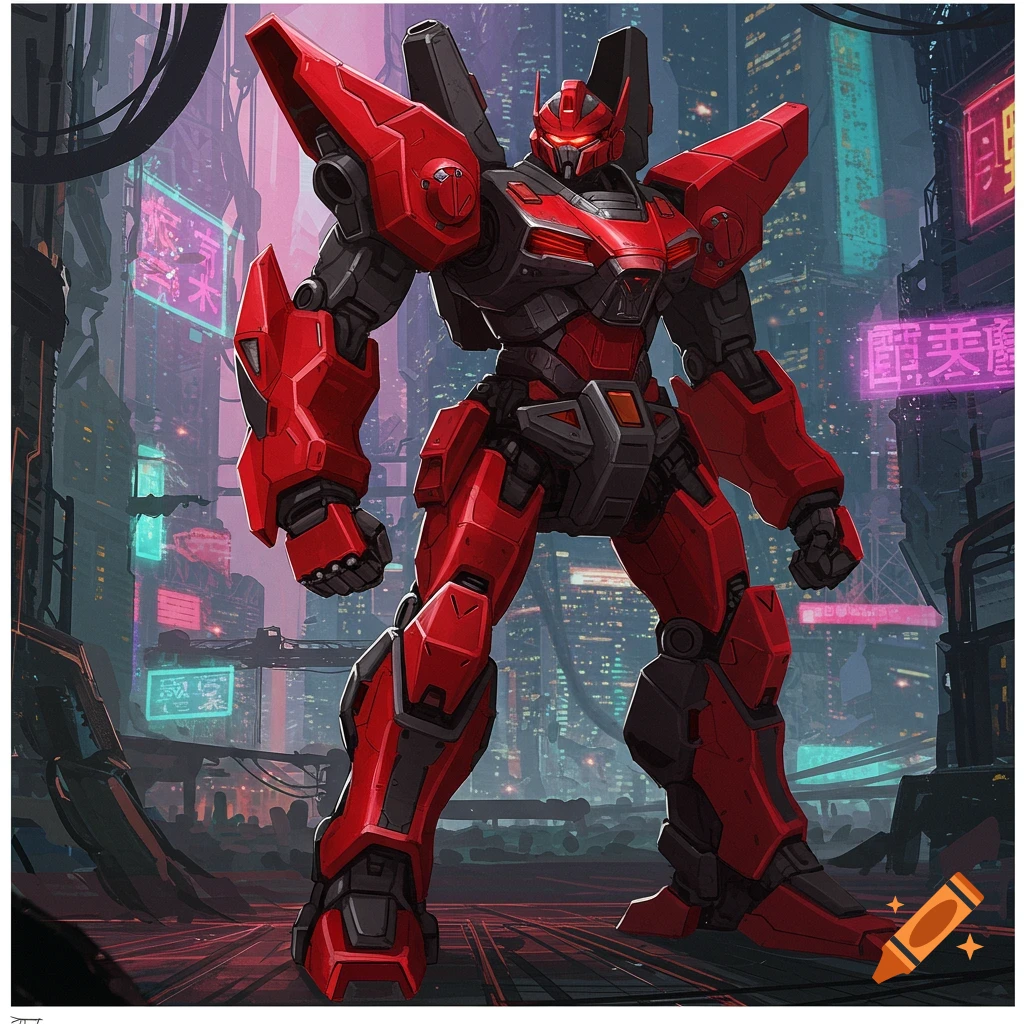 A red and black robot stands in a futuristic city.