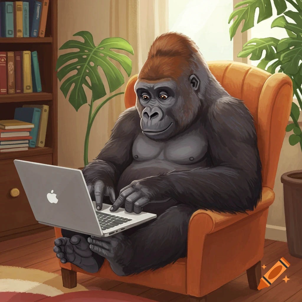 An illustration of a gorilla sitting in an armchair using a laptop in a room.