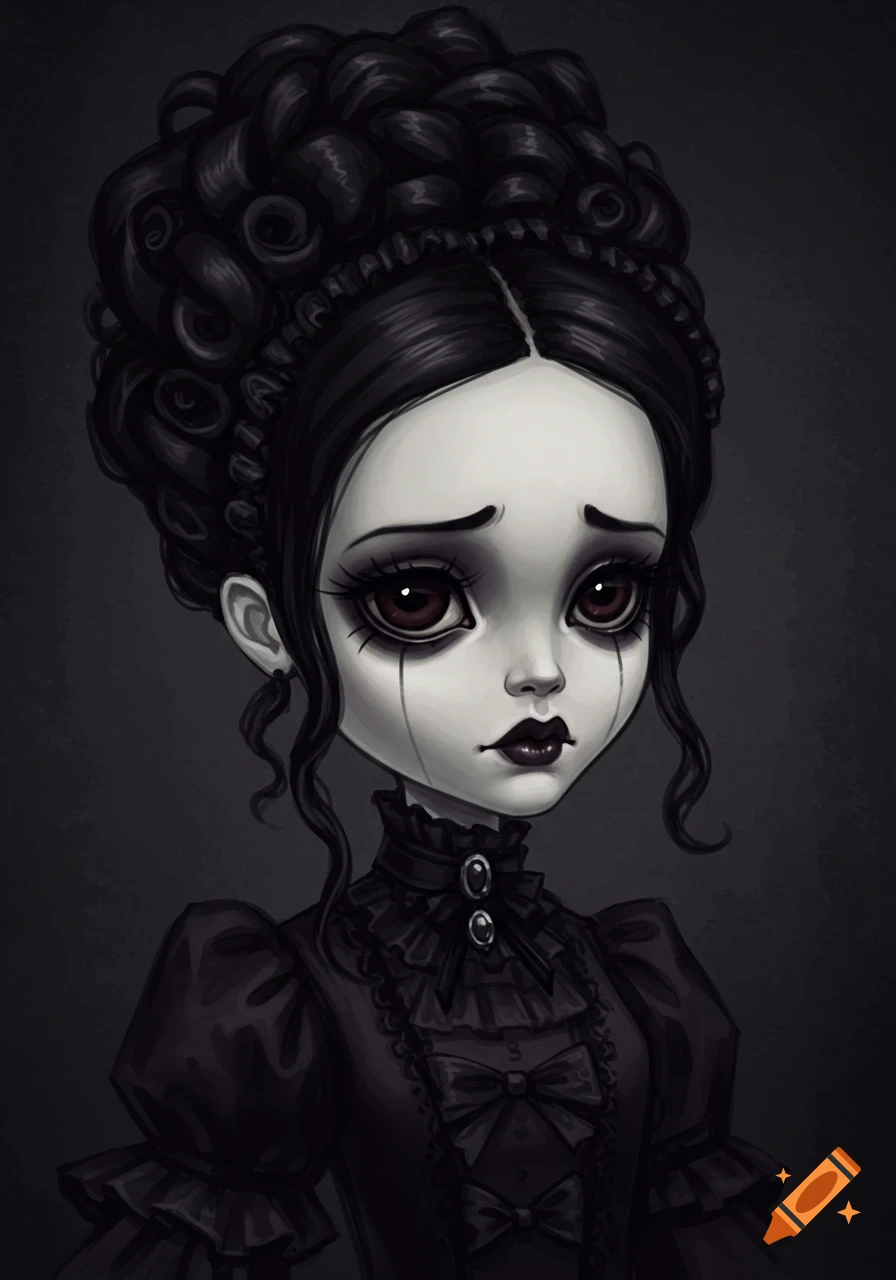 Stylized drawing of a gothic doll with black hair, dark makeup, and ruffled black dress.