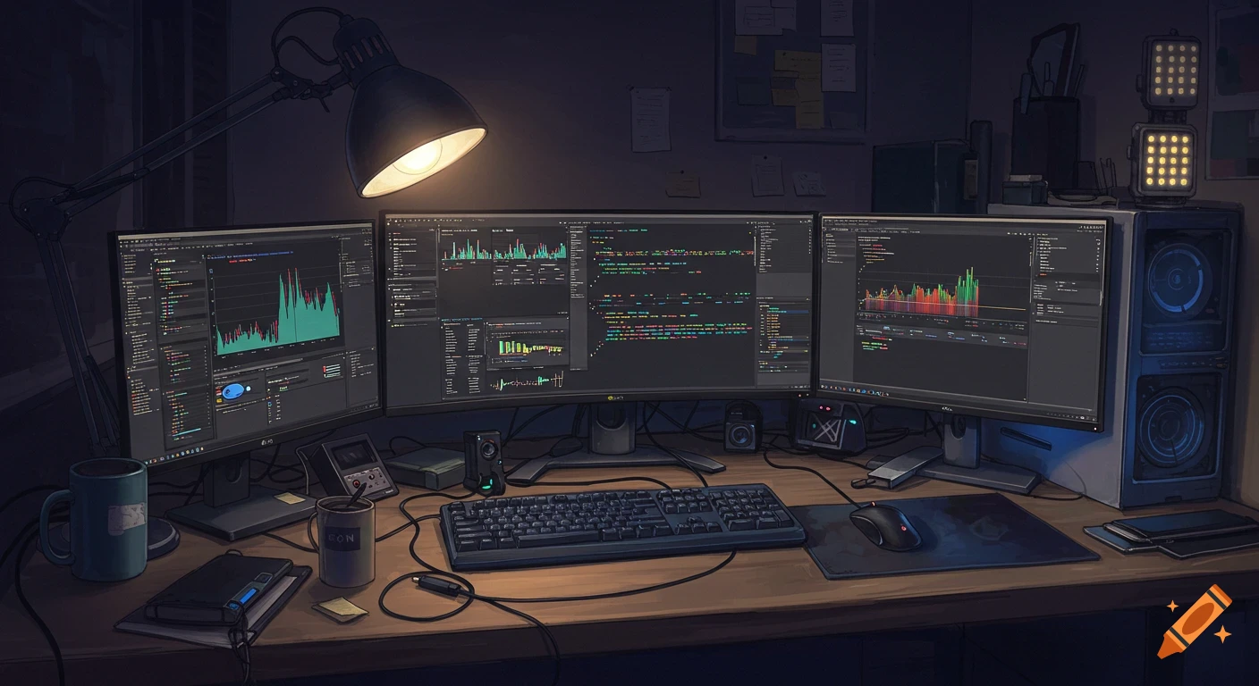 An anime-style illustration of a messy computer desk with three monitors showing code and graphs, keyboard, mouse, lamp, and other items.