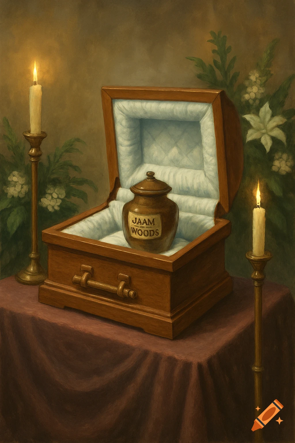 Painted still life of a small open coffin on a table containing a cremation urn, flanked by lit candles and flowers.