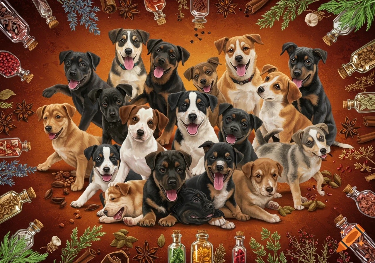 A group of mutt puppies smiling among spices, herbs, and glass bottles in an illustration.