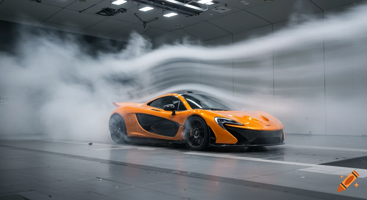 Orange McLaren P1 in a wind tunnel with white smoke flowing over it