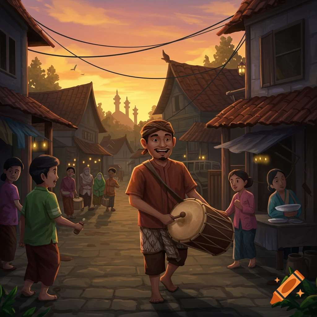 Illustration of a man playing a drum and marching through a village street at sunset with other people following.