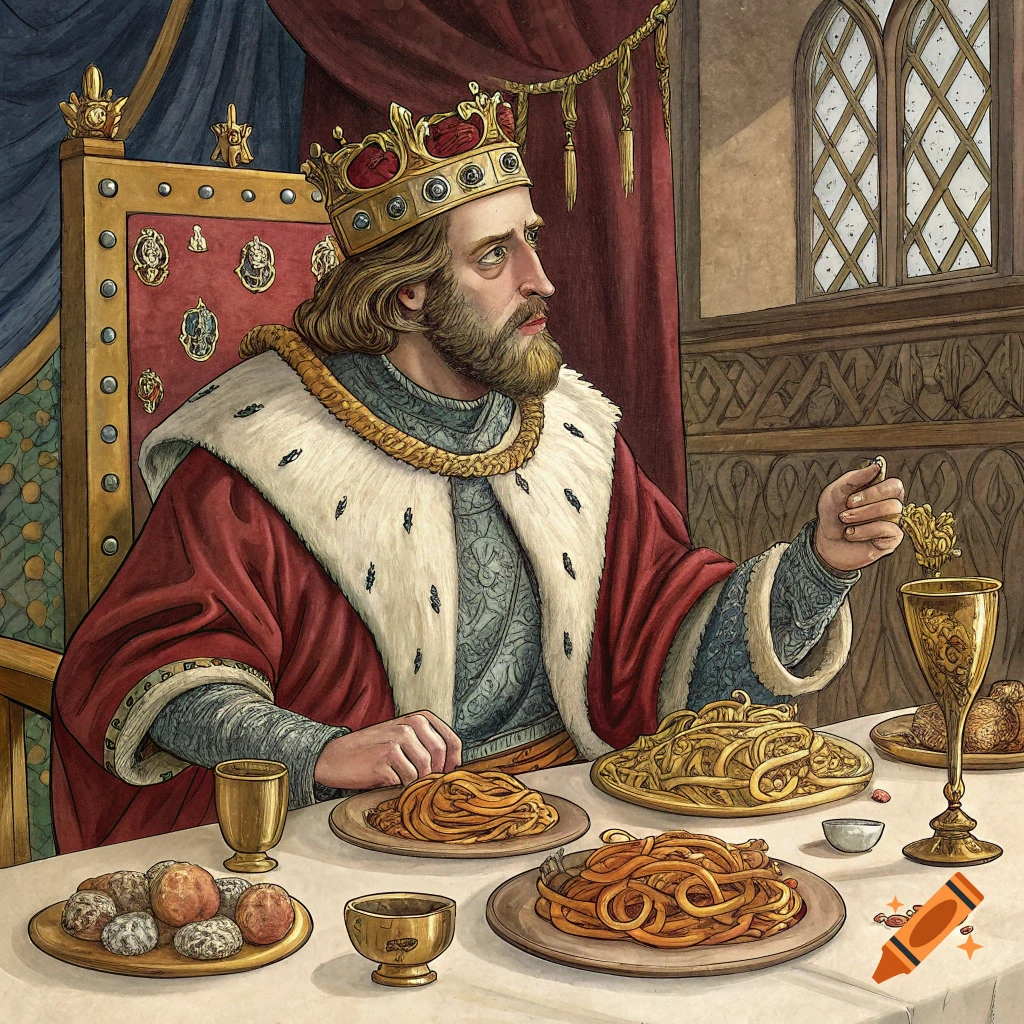 Illustration of King Henry I in regal robes sitting at a table with food, holding an object above a goblet.
