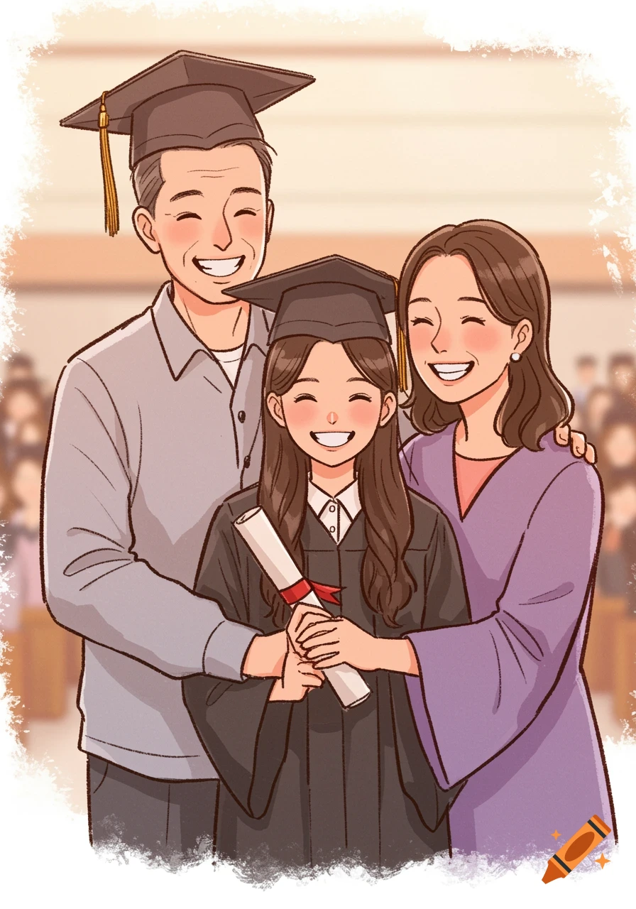 A drawing of a graduate girl holding a diploma with her parents hugging her.