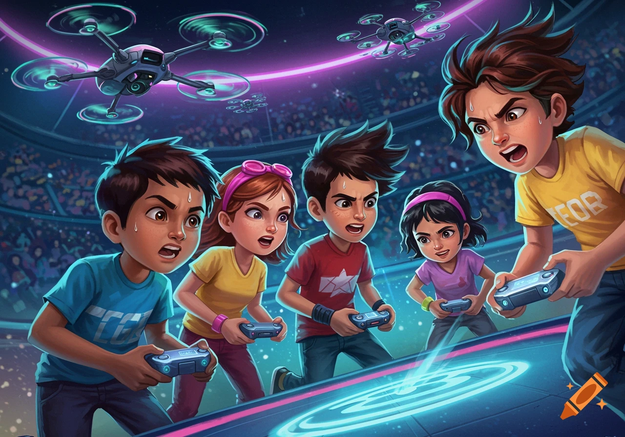 Cartoon kids intensely play a drone video game in an arena with controllers while drones fly above.