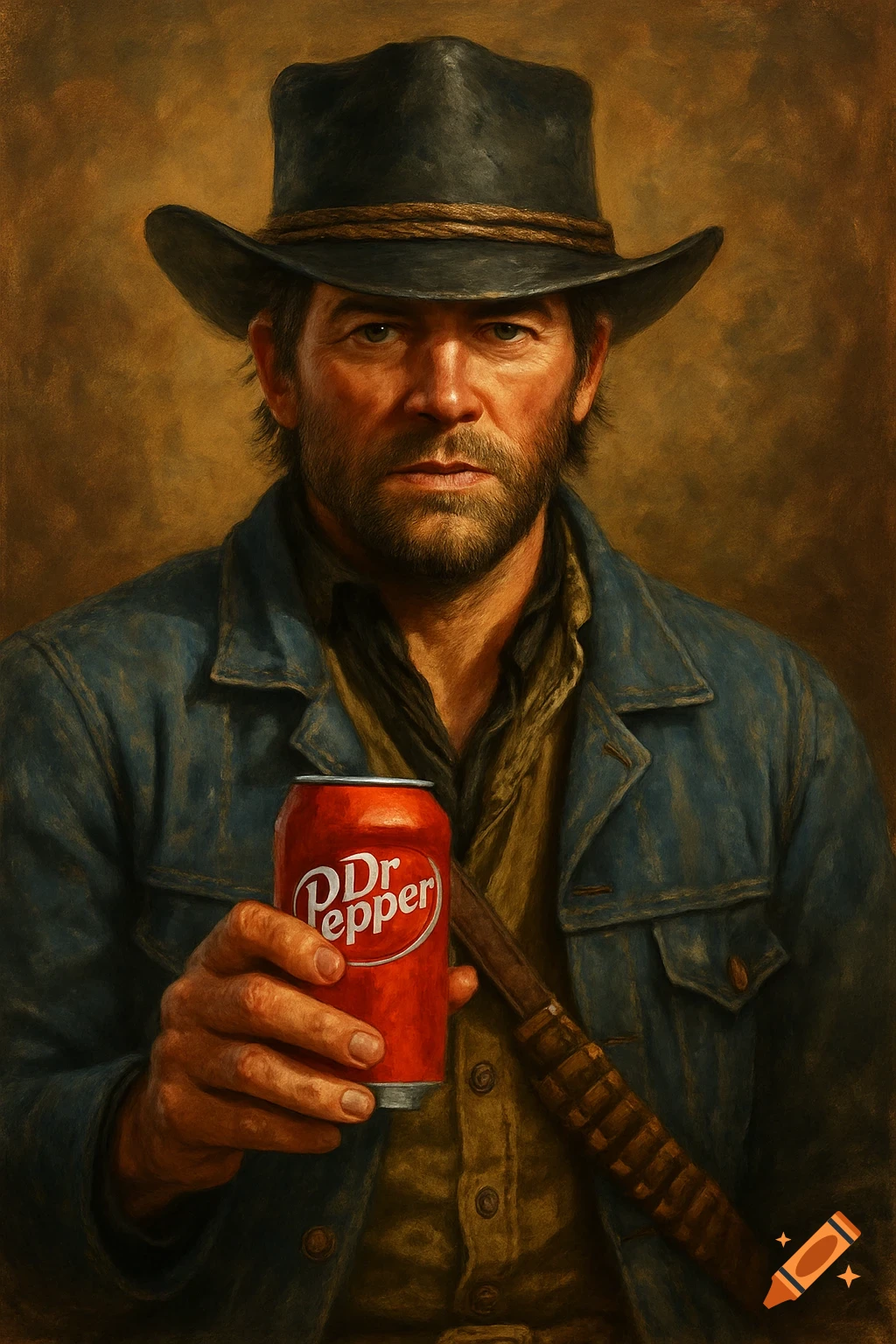 A portrait of a man in a cowboy hat holding a red can of Dr Pepper soda.