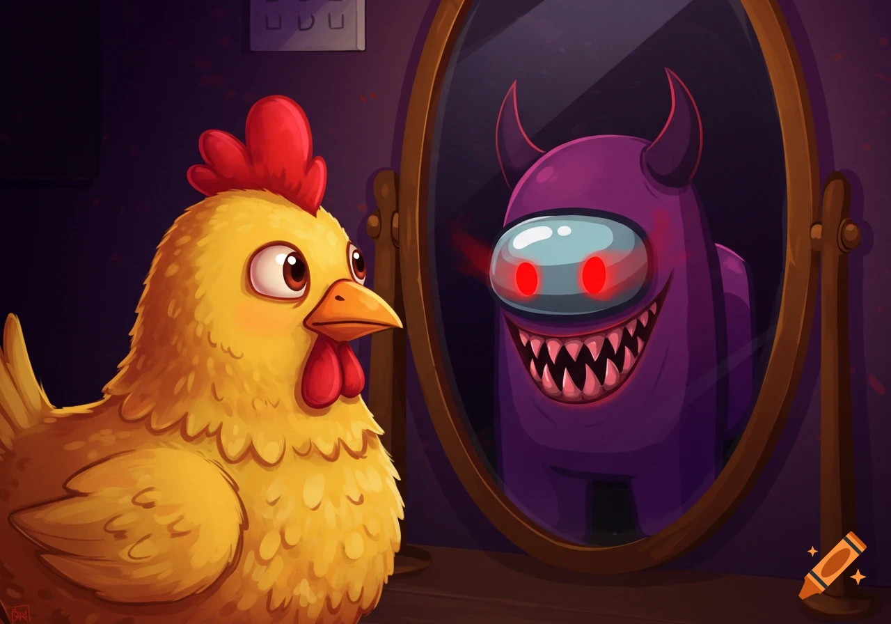 A cartoon chicken looks in a mirror and sees a reflection of a monstrous, devilish Among Us character.