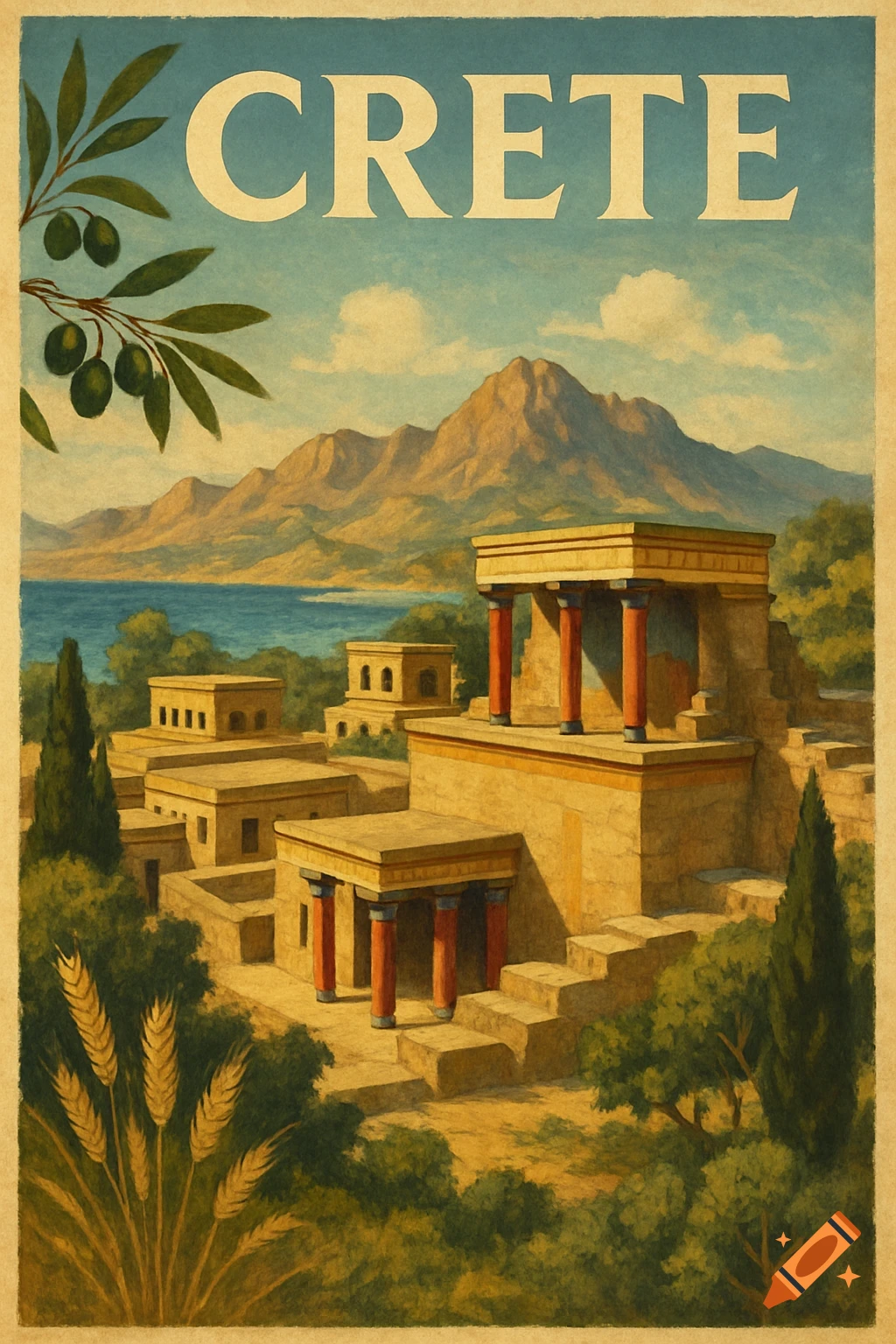 Vintage travel poster of ancient Crete with Minoan-style buildings, mountains, sea, and olive branches, with 'CRETE' text.
