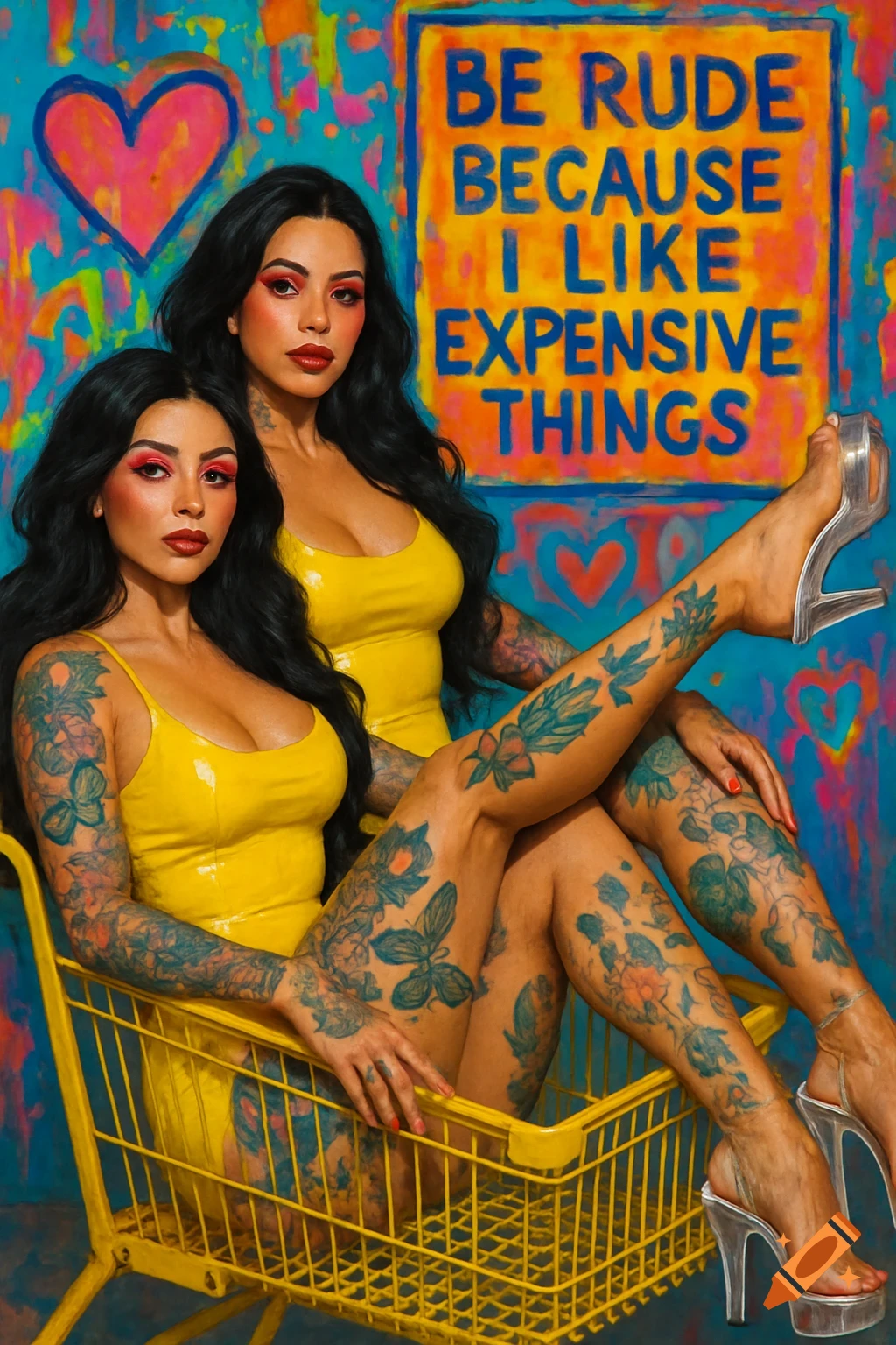 Two tattooed women in yellow dresses sit in a shopping cart in front of a colorful background with text.