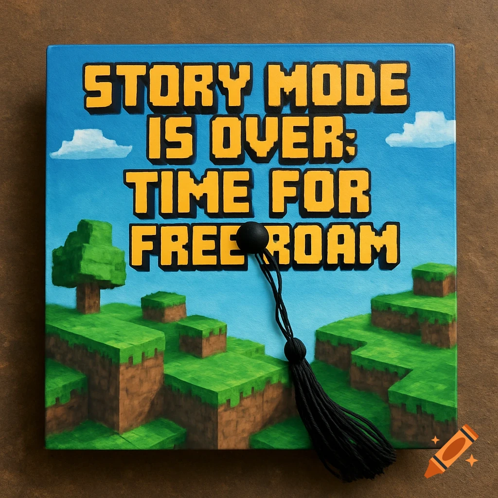 A graduation cap decorated with a Minecraft theme and the text 'Story mode is over: time for free roam'.