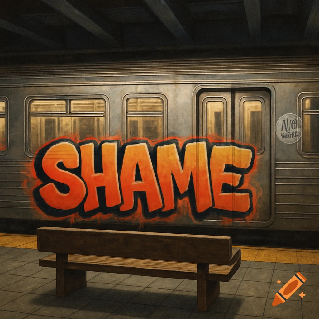 Graffiti reading SHAME on a subway train in a station with a bench in the foreground