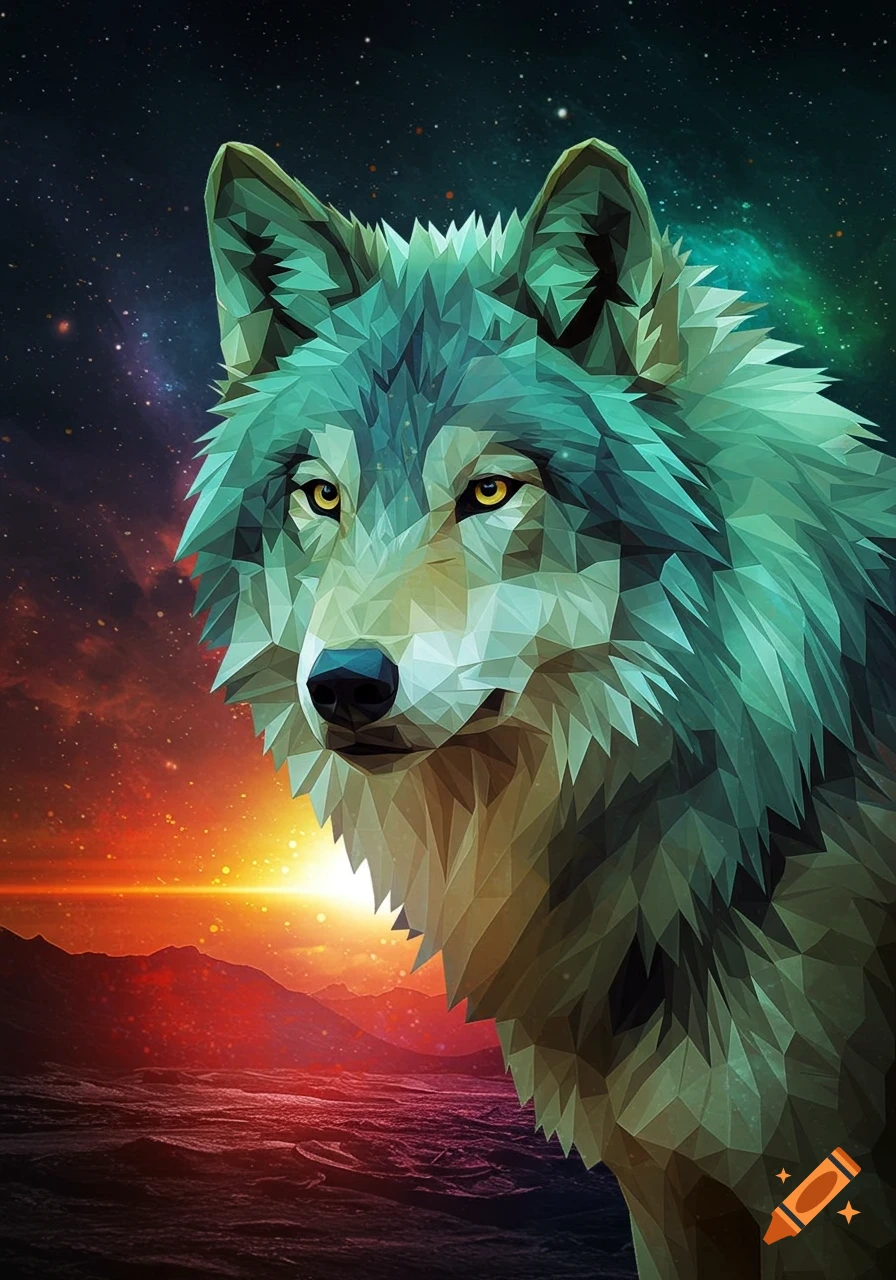 Low poly illustration of a wolf against a starry sky and sunrise landscape.