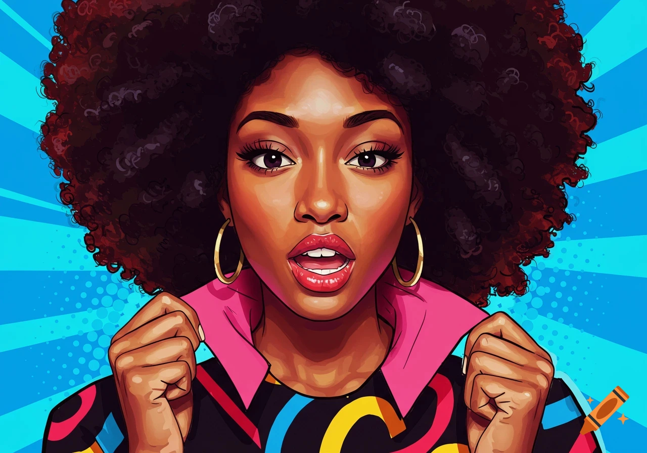 Pop art illustration of a surprised Black woman with an afro and colorful shirt.