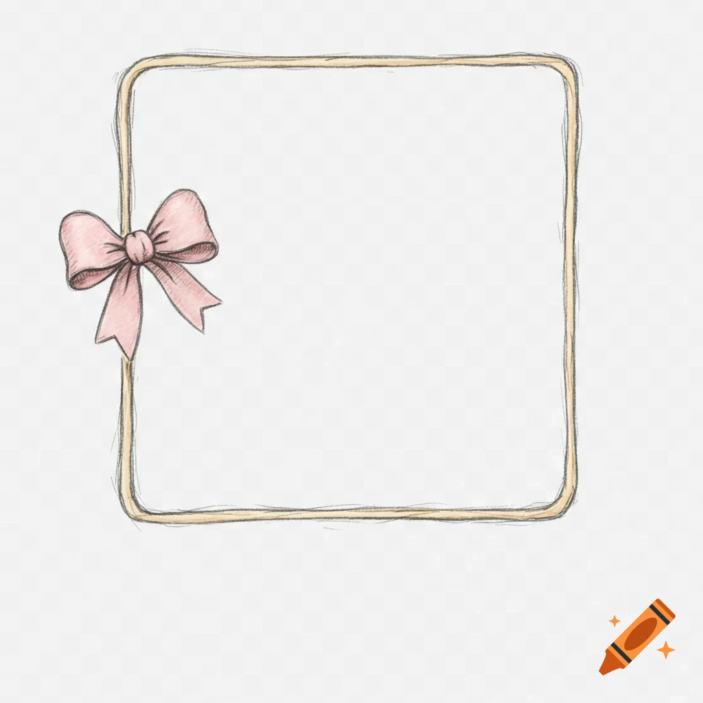 A sketchy square frame with rounded corners and a pink bow attached to the top left, on a transparent background.
