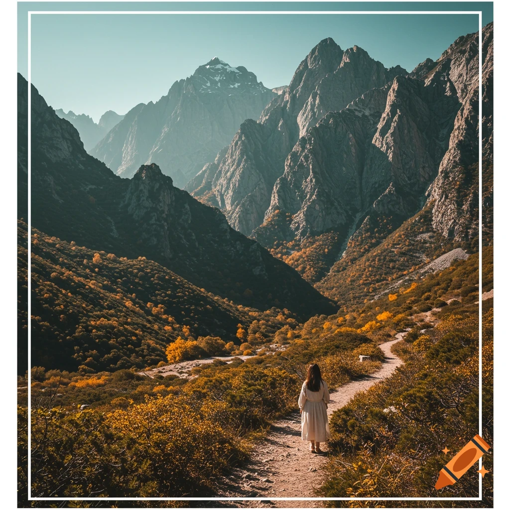 A person walks on a path through an autumn mountain valley.