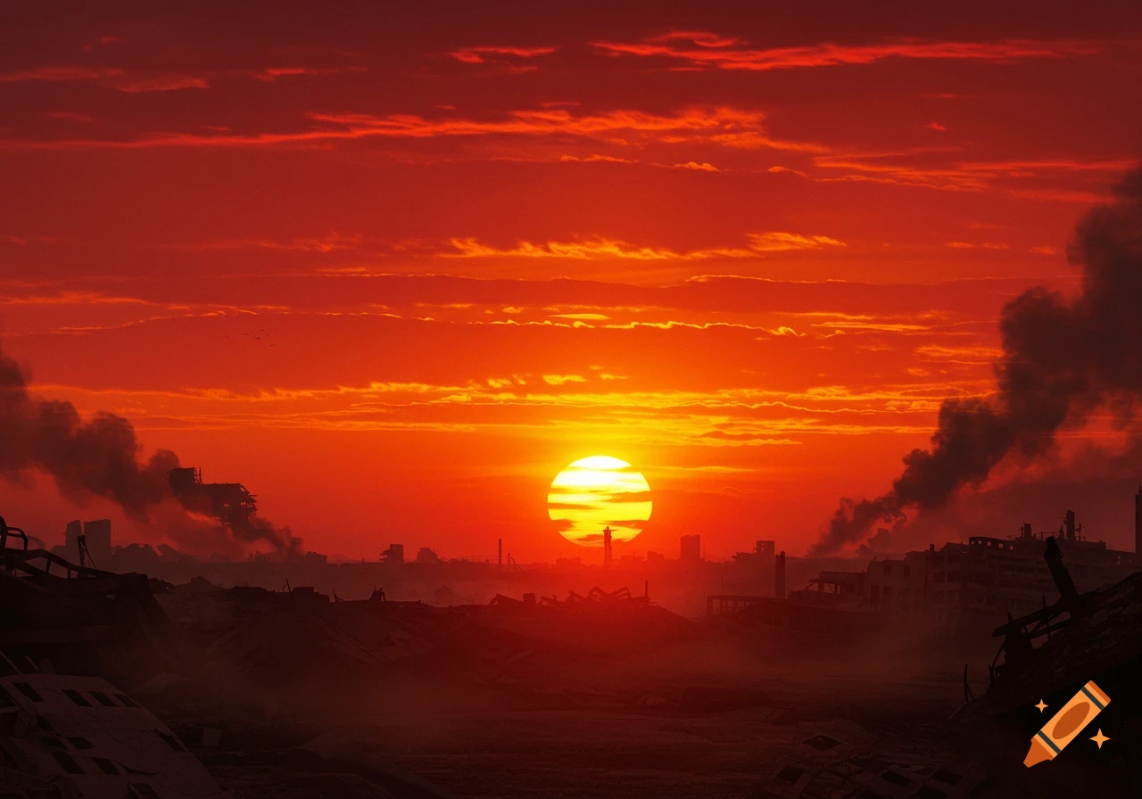 A ruined cityscape is silhouetted against a vibrant red and orange apocalyptic sunset with smoke rising.