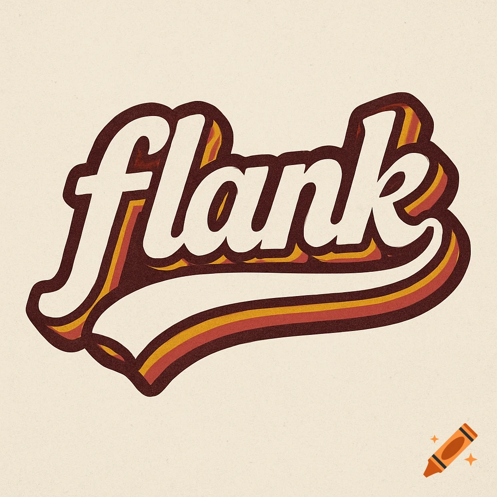 Retro logo for 'flank' brand with curvy white text and red/orange/yellow stripes on a cream background.