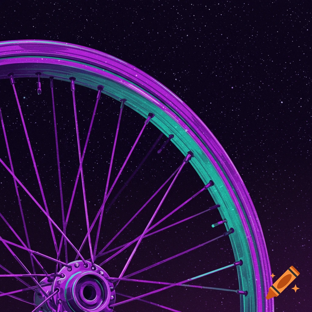 Close-up of half a purple and teal bicycle wheel against a starry space background.