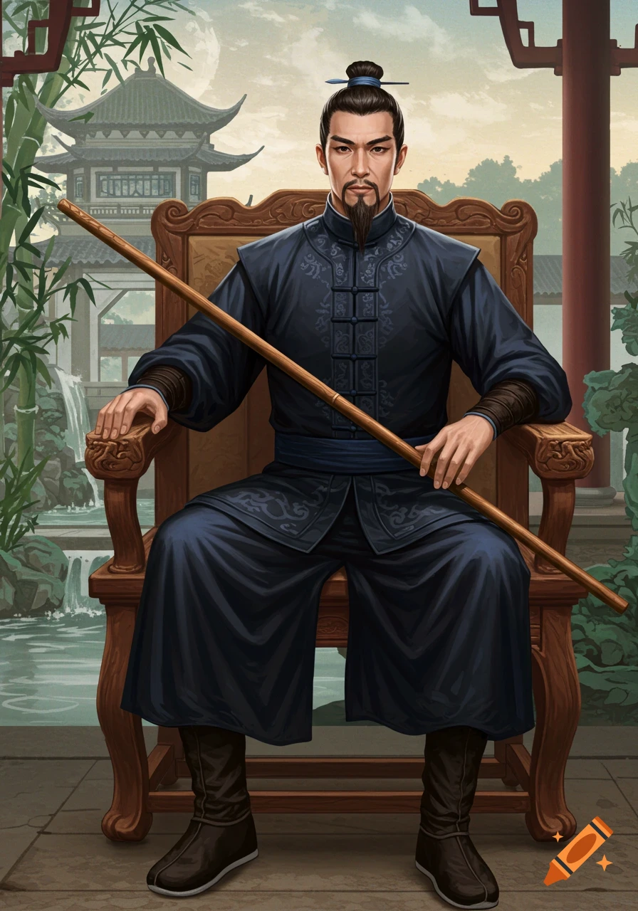 Illustration of a man in traditional Chinese attire sitting in a chair holding a staff in an outdoor setting.