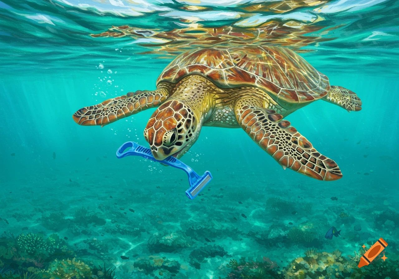 A sea turtle swims underwater with a blue plastic razor in its mouth, over a coral reef.