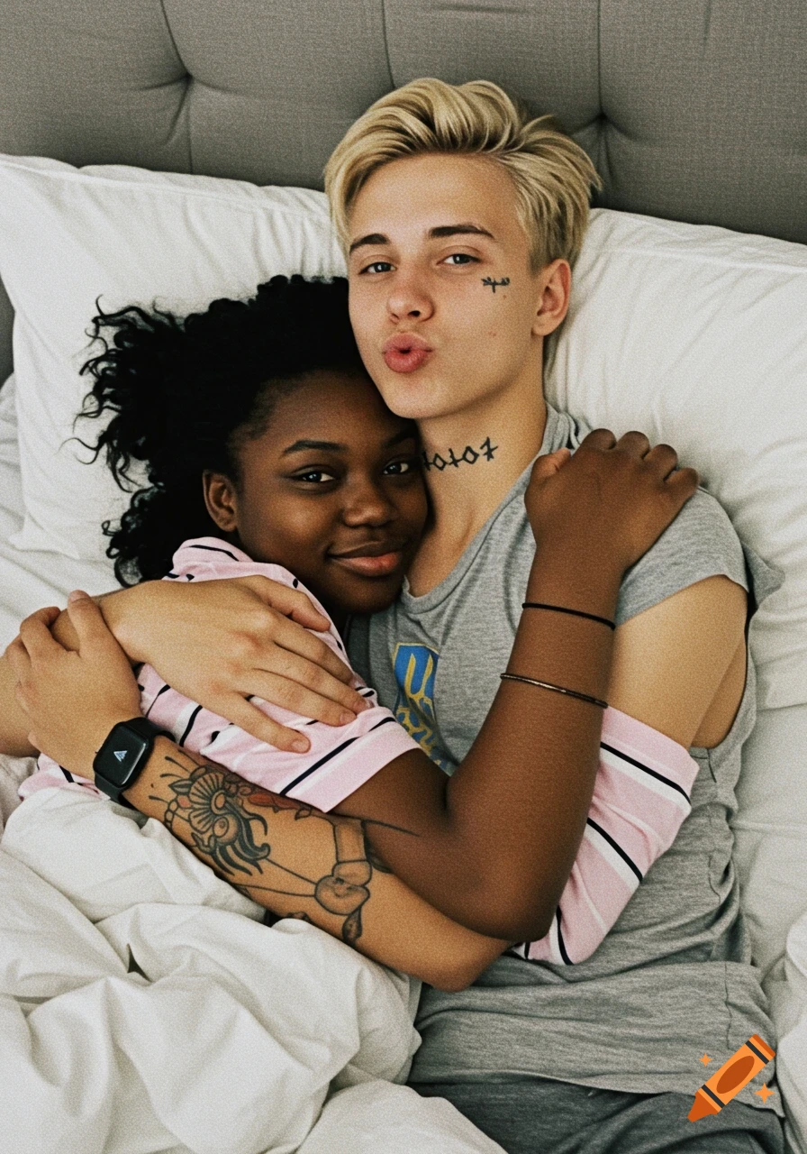 Two teens hugging in bed, one with blonde hair puckering lips, the other with dark curly hair smiling.