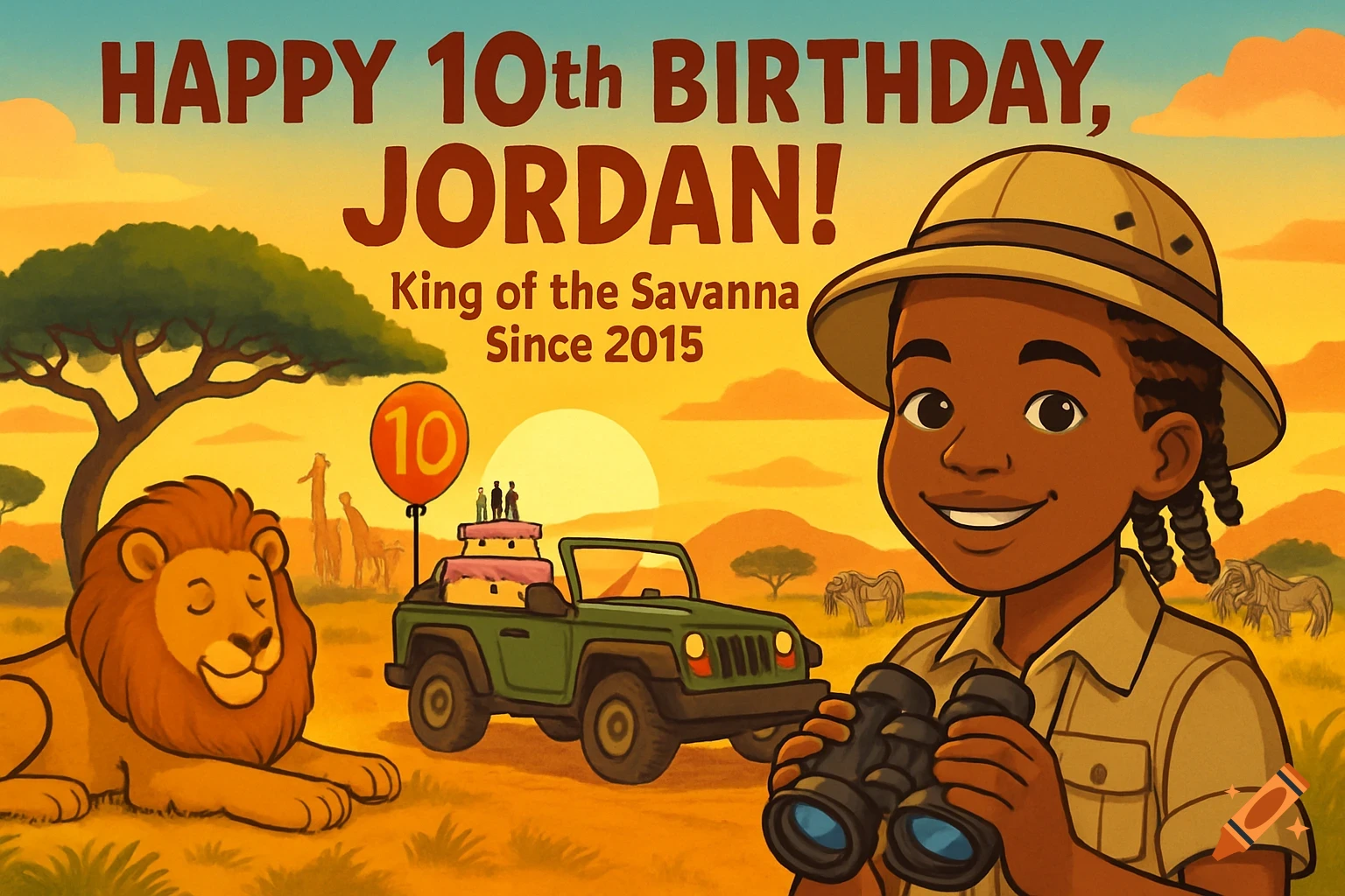 Cartoon of boy holding binoculars, lion, jeep with cake, and text 'HAPPY 10th BIRTHDAY, JORDAN!' in savanna.