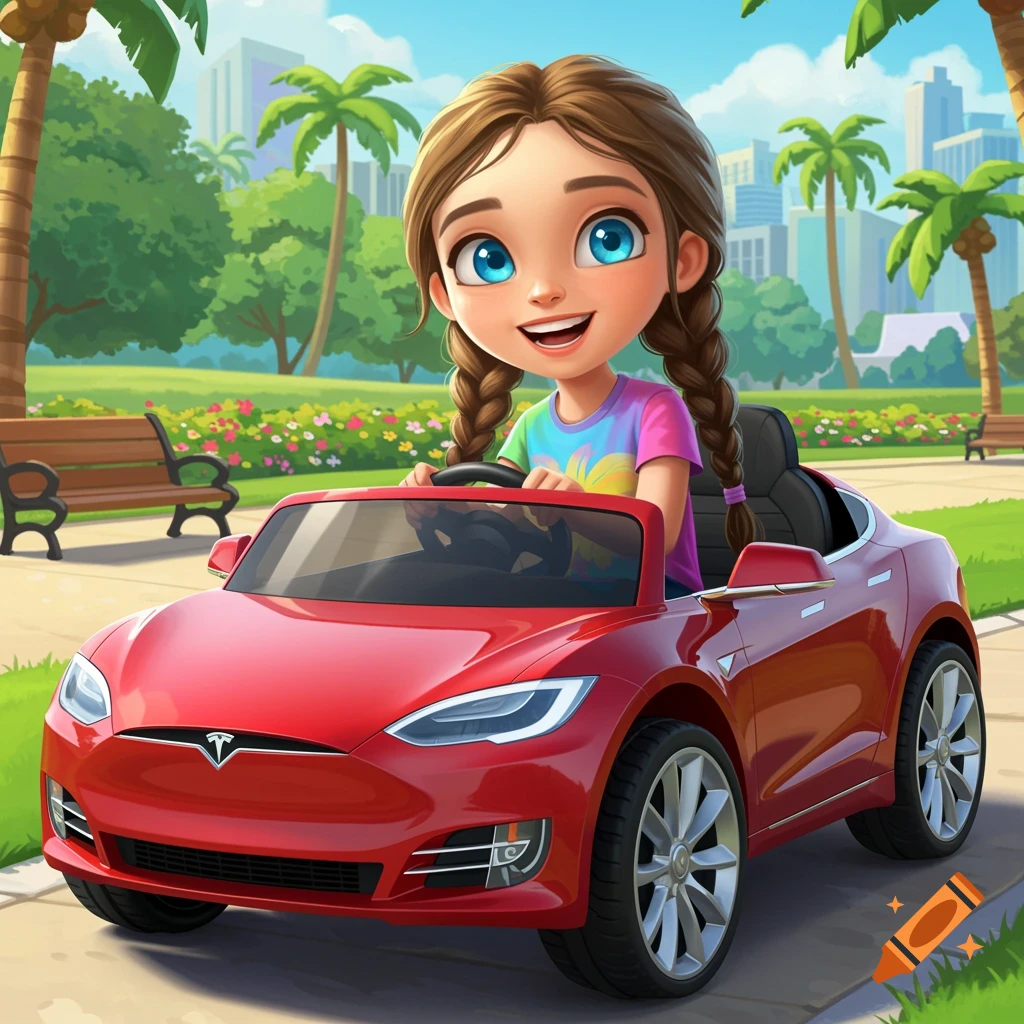 Cartoon illustration of a smiling girl with pigtails driving a red toy Tesla car in a park with palm trees.