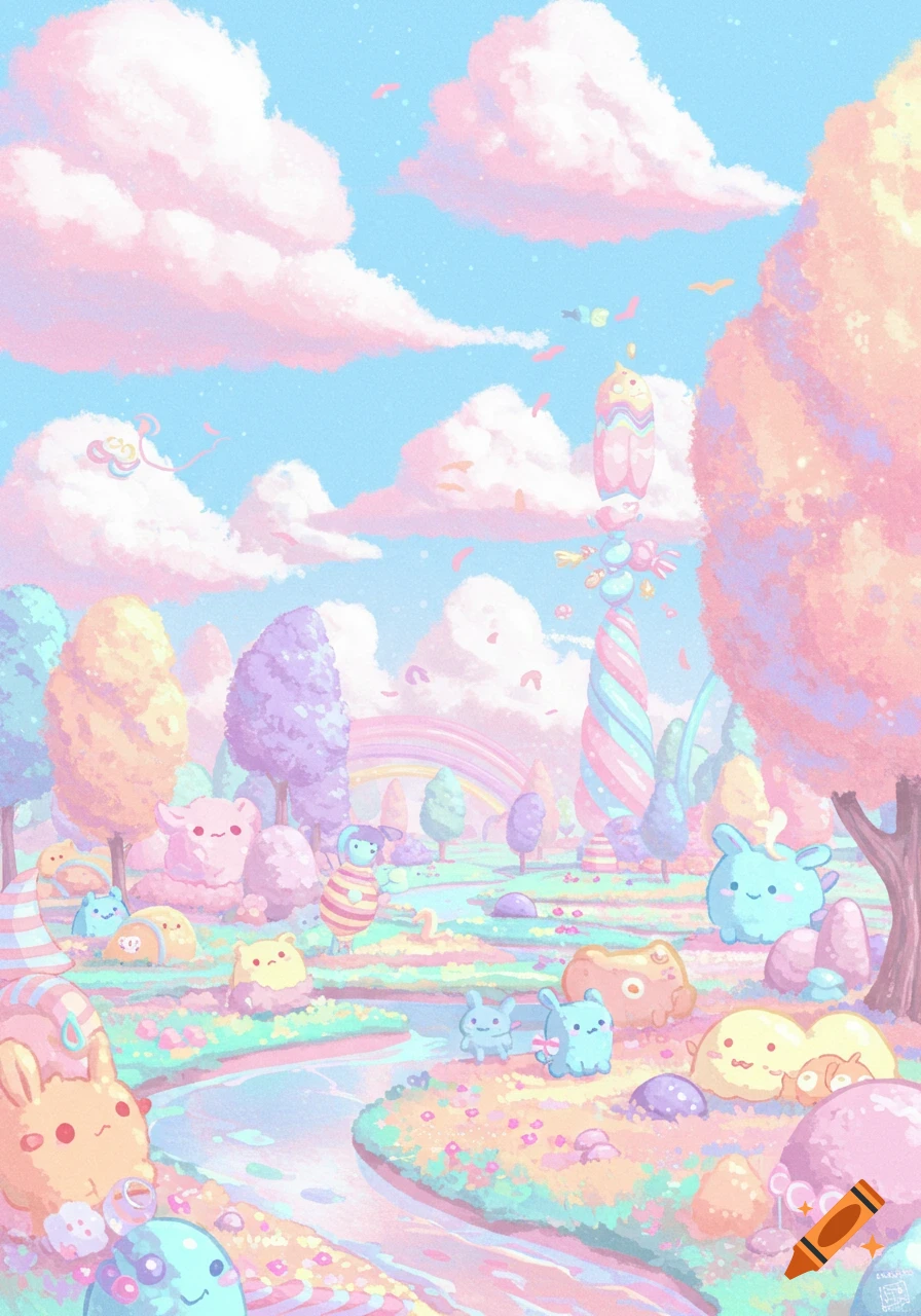 Pastel painted fantasy landscape with colorful creatures, trees, a river, and a rainbow under a pink-clouded sky.