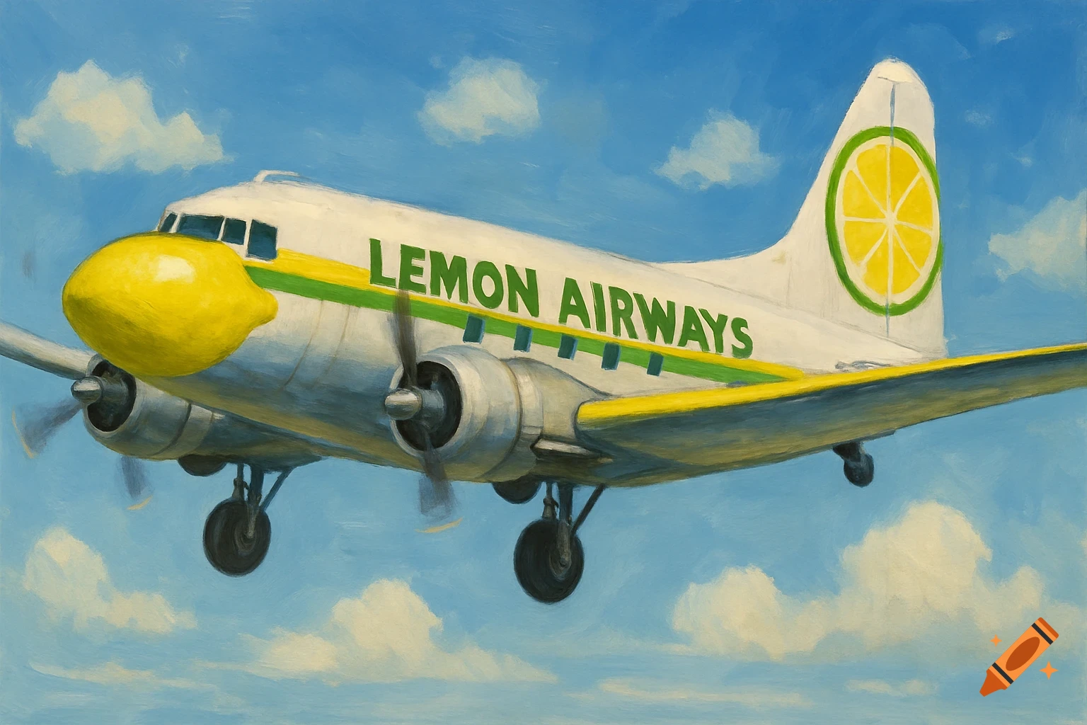 A painting of an airplane labeled 'Lemon Airways' with a lemon nose and tail logo, flying through a cloudy sky.