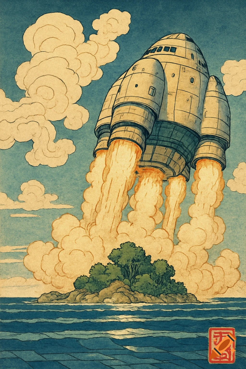Rocket lifting off from a small island over water, in the style of a Japanese painting.