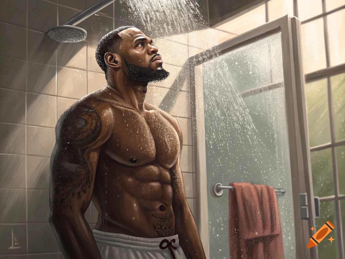Realistic painting of a muscular man showering.