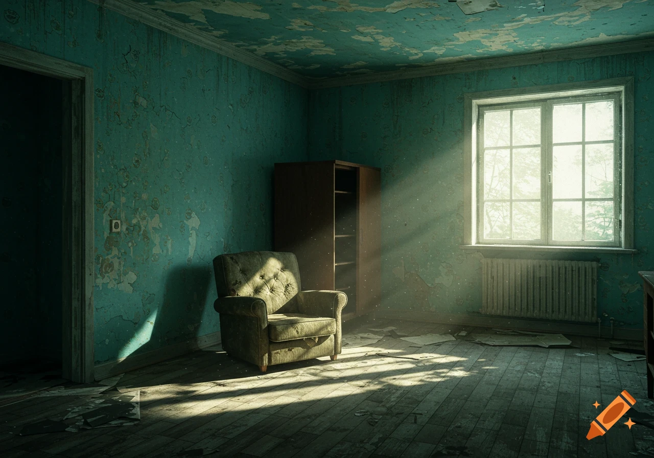 Sunlight streams into an abandoned room with peeling paint, a worn armchair, and a cabinet.