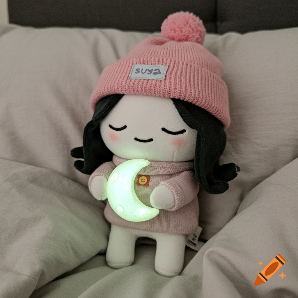 A plush toy wearing a pink hat and sweater, holding a glowing crescent moon, lying on a bed.
