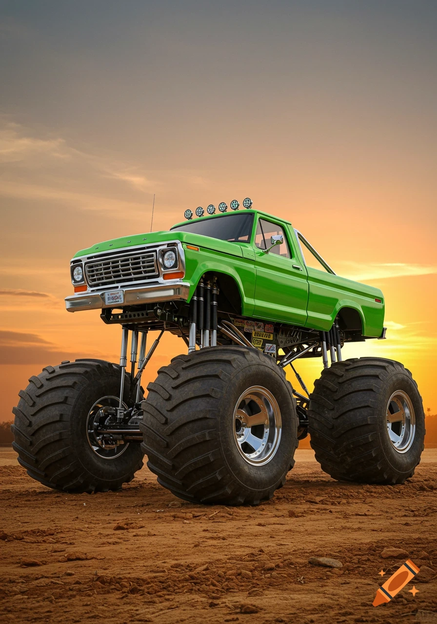 A bright green monster truck sits on brown dirt under an orange sunset sky.