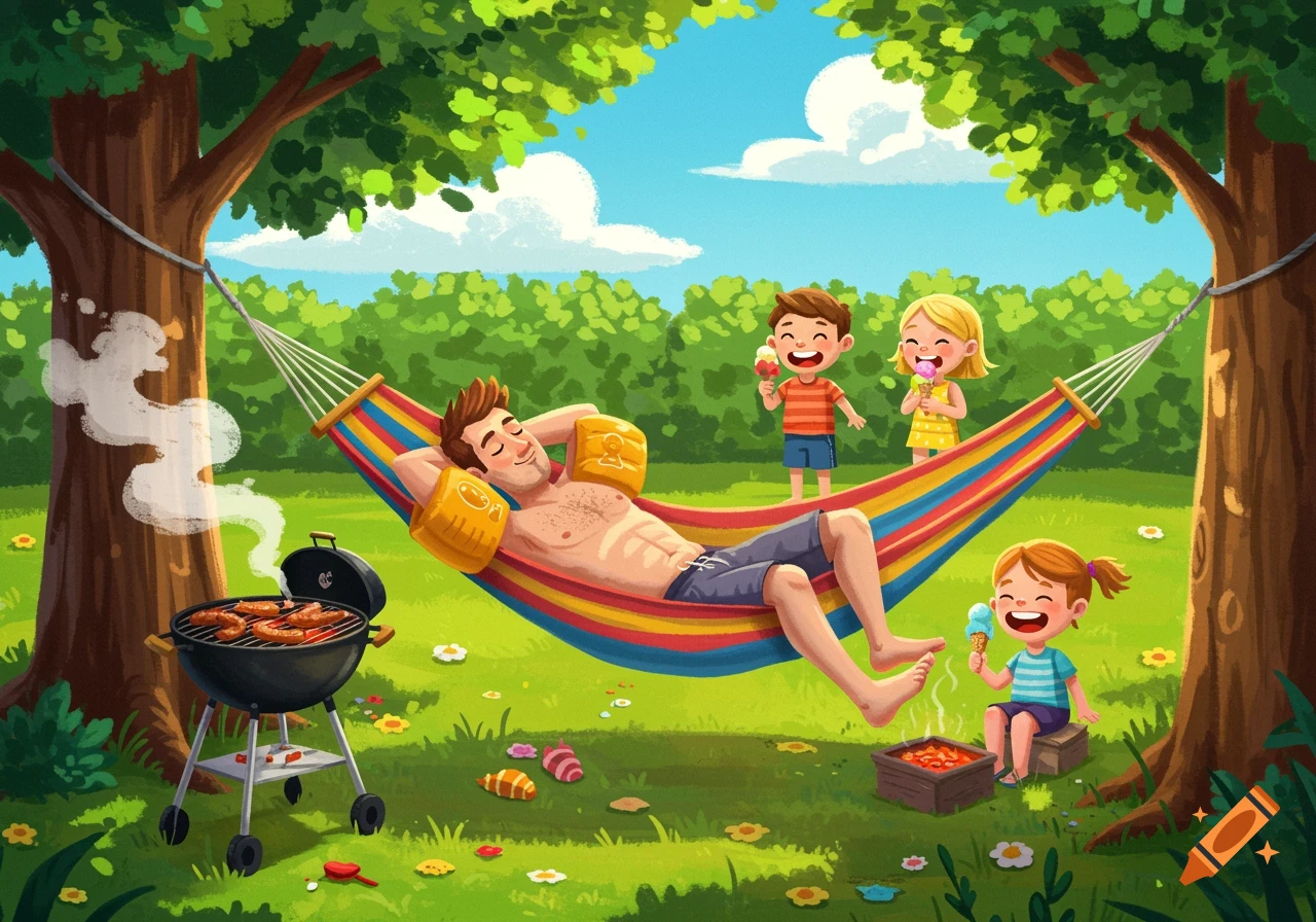 Cartoon illustration of a father relaxing in a hammock with swim floaties while kids eat ice cream at a summer backyard BBQ.
