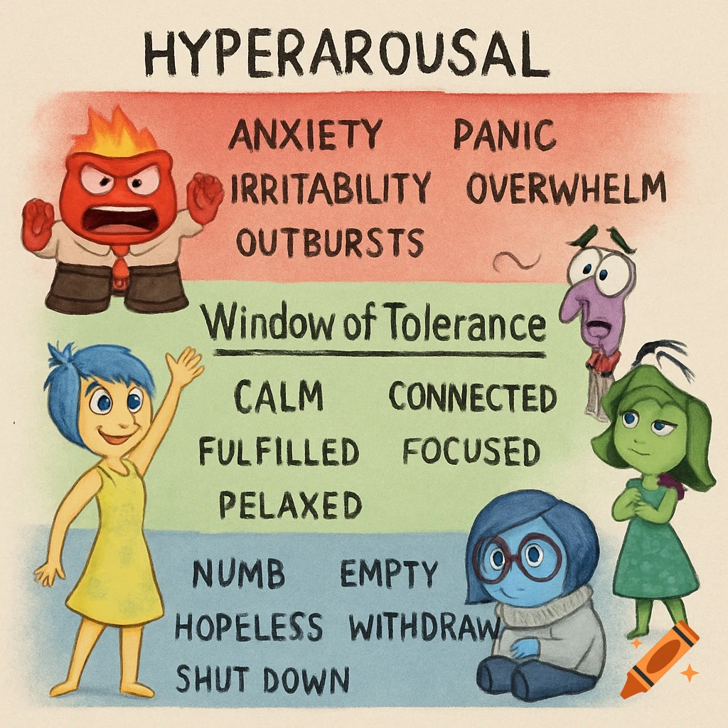 Cartoon illustration of Inside Out characters on a chart showing the Window of Tolerance for emotional regulation, with labels for feelings.