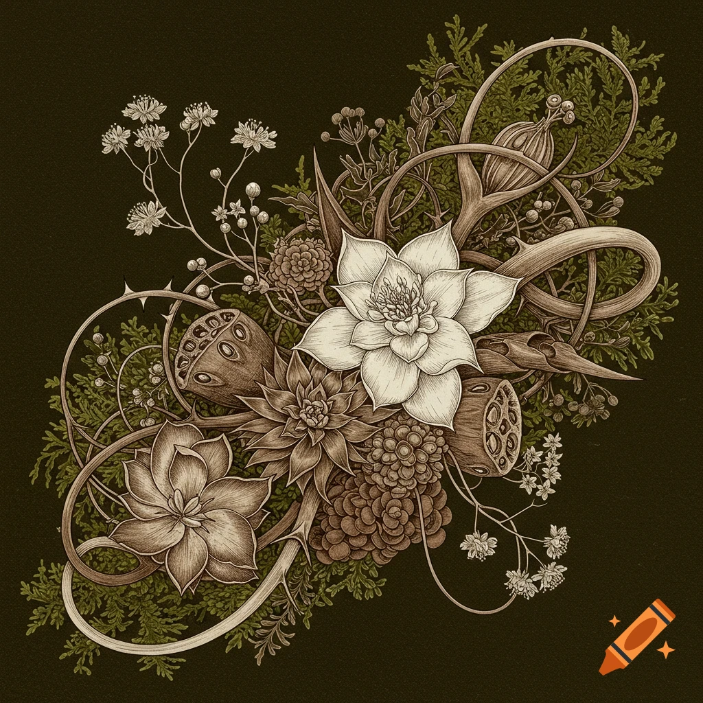 Intricate botanical illustration with flowers, succulents, seed pods, and vines in warm browns, white, and green.