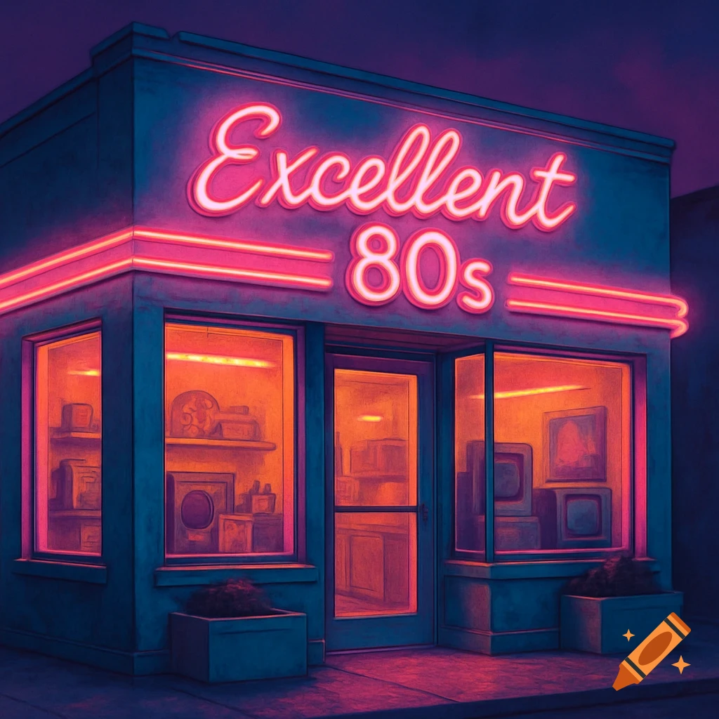 A turquoise store building with a pink neon sign that reads "Excellent 80s" at night.