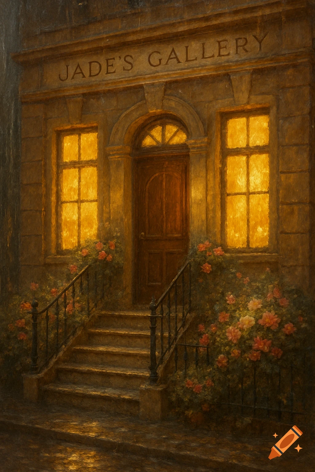 Art gallery exterior in rain with steps, flowers, and glowing windows, classical art style.