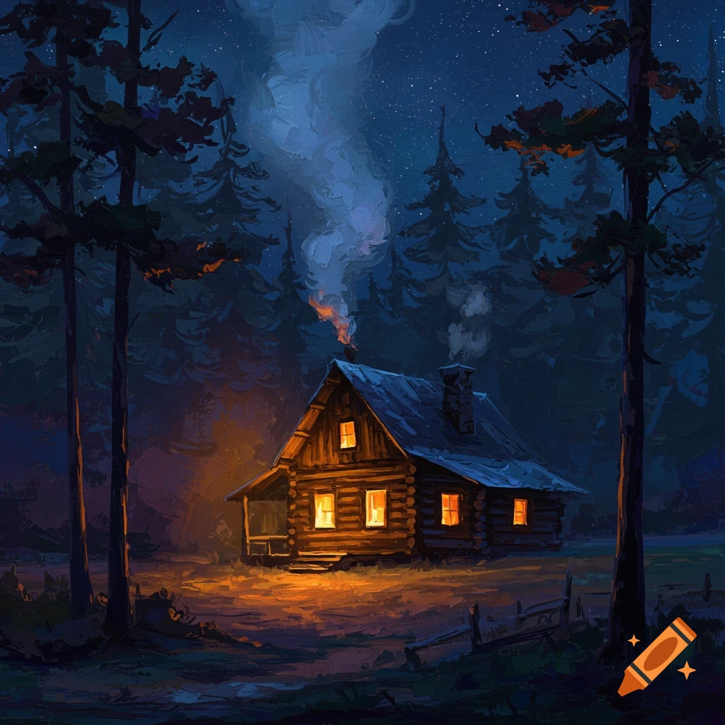 Cozy cabin in the woods with smoke from the chimney at night, oil painting style.