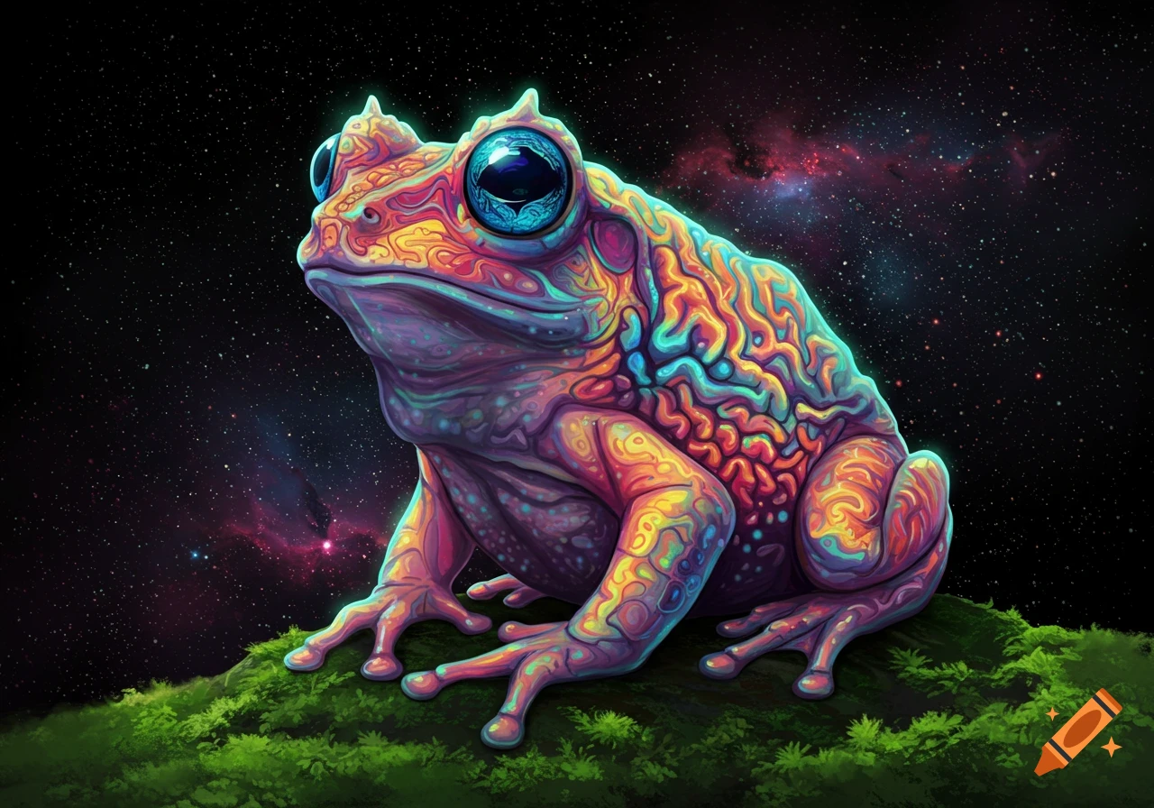 Psychedelic frog on moss under starry night sky with nebulae.