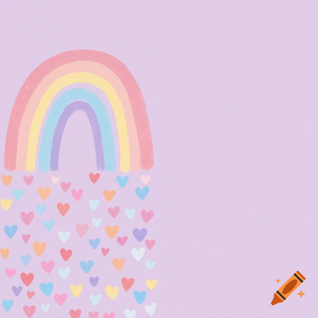 A pastel rainbow with colorful hearts falling from it on a lavender background.