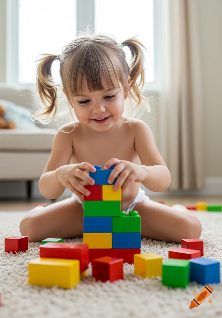 A young girl playing with colorful building blocks on a rug.