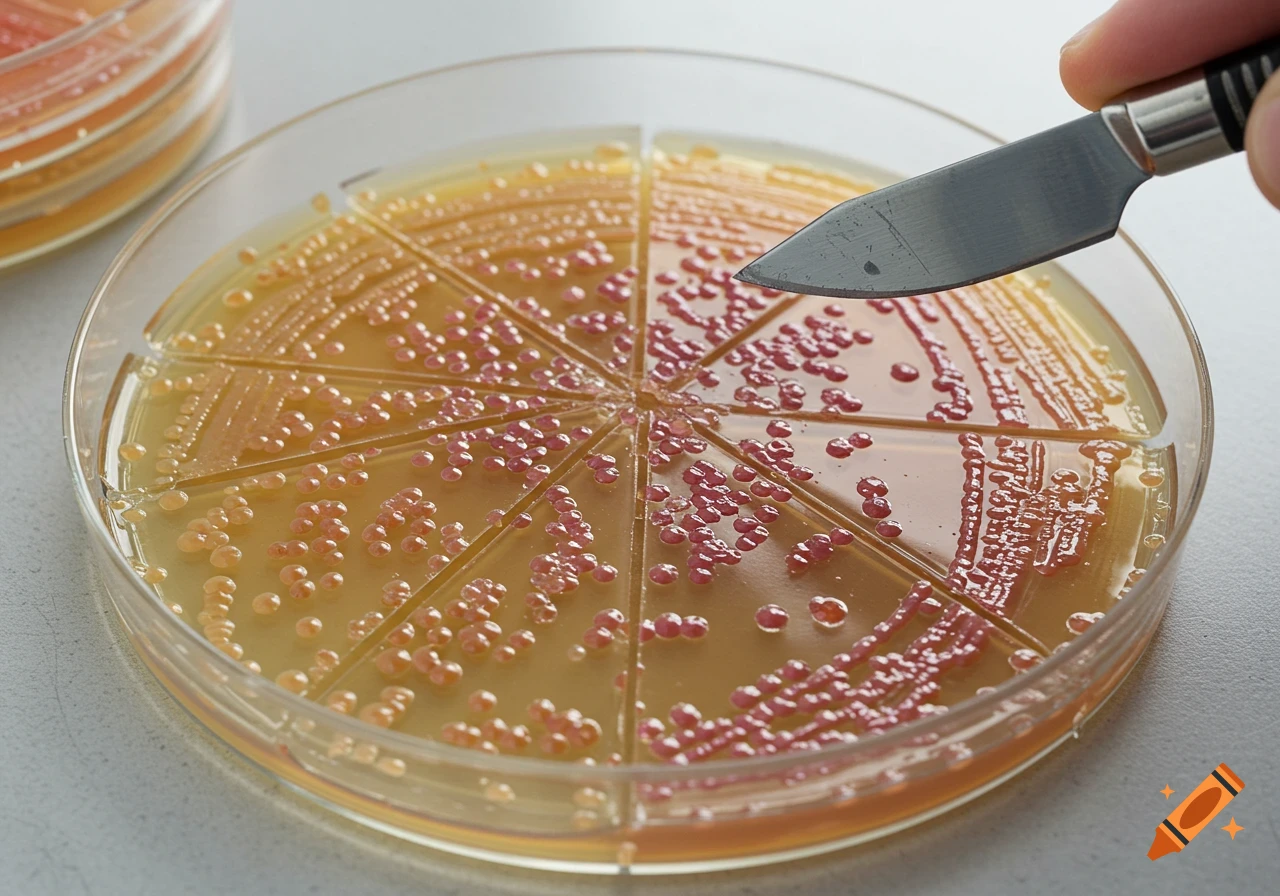 A knife touches an agar plate divided into sections with different colored bacterial colonies.